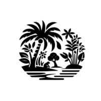 Stylized black and white circular illustration of a tropical landscape with a palm tree, monkey, river, and lush vegetation, evoking a tranquil island scene. vector