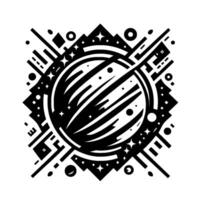 Geometric Celestial A stylized black and white illustration featuring a central sphere surrounded by layered angular shapes, stars, and lines. vector