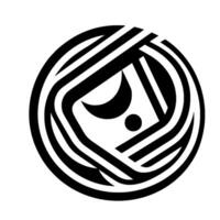 A stylized monochrome featuring concentric circles, black and white bands weaving around a central, geometric moon and dot element. vector