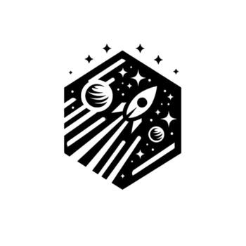 Black and white illustration of a rocket soaring through space with planets and stars, within a hexagon frame. vector