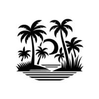 Silhouette of Tropical Island Scene with Palm Trees, Moon, and Water Lines, Illustrating Serene Coastal Evening. vector