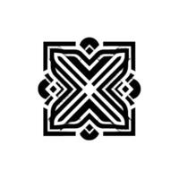 Symmetric, Geometric Black, White, and Gray Pattern with Florallike Motif and Square Frame on White Background. vector