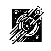 Black and white abstract celestial art, composed of stars, planets, geometric patterns, and dynamic lines forming a stylized space scene. vector