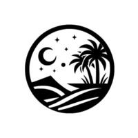 Circular Silhouette of a Tropical Night Scene Palm Trees Under a Crescent Moon, Stars and Hills. vector