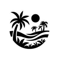 Serene Black and White Island Scene with Palm Trees, Sun, and Lush Grass in a Circular Composition, Ideal for or Coastal Illustration. vector