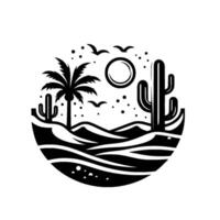 Black and white desert scene in a circle with palm tree, cacti, sun, birds, hills, and dots, stylized. vector