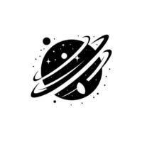 Minimalist Black and White Illustration of a Starry Planet with Rings and Celestial Orbits, Set Against a Blank White Background. vector