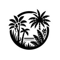 Silhouette of a tropical island scene framed within a circular border, featuring palm trees, foliage, and a simplified horizon line in black on white. vector