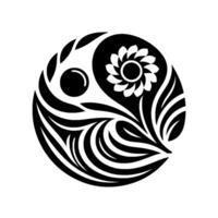 Yin Yang floral , a bold black and white minimalist featuring a stylized flower, swirls and leaves in perfect balance. vector