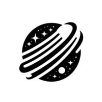 Stylized black and white illustration of a planet with orbiting rings, speckled with stars and circular formations, presented on a clean white background. vector