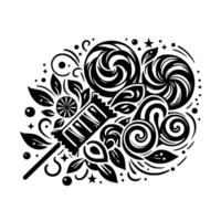 Whimsical Black and White Illustration of a Lollipop and Various Sweets with Leaves, Swirls, and Stars on a White Background. vector