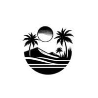 Black and white circular emblem of a desert landscape featuring palm trees, dunes, and a stylized sun, evoking a sense of serenity. vector