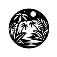 Silhouette scene of a tropical beach at night, under a moonlit sky, framed in a black circular border. vector
