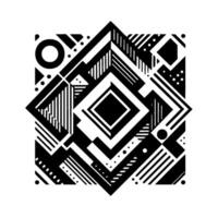Intricate Geometric Composition A Monochrome Abstract Featuring Diamond Shapes, Lines, Dots, and Circular Elements, Arranged in a Symmetrical and Balanced Pattern on White Background. vector
