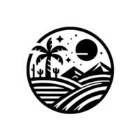 Black and White Circular Illustration of Desert Landscape, Featuring Palm Tree, Moon, Stars, Mountains, and Cacti. vector