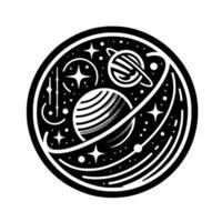 A black and white circular of a stylized solar system, including planets with rings, stars, and celestial bodies on a white background. vector