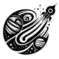 Stylized Black and White Cosmic Illustration Rocket Launch, Planets, Stars, and Swirling Nebulae Within an Oval Frame. vector