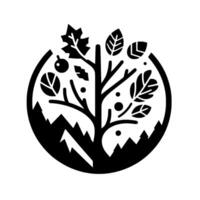 Black and white minimalist nature featuring a stylized tree within a circular frame, with mountain peaks, leaves, and berries. vector