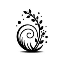 Elegant black and white minimalist of a stylized plant with swirling curves, delicate leaves, and floating circular elements. vector
