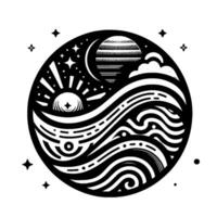 Yin YangEsque Circle Depicting Day and Night, Sun, Moon, Stars, Clouds, and Abstract Waterlike Elements in Black and White vector