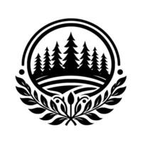 A minimalistic emblem featuring a silhouette of a forest of evergreen trees within a circular frame, complemented by floral and leaf elements, creating a harmonious . vector