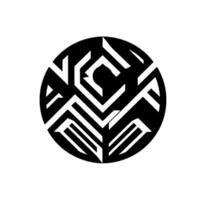 A Black and White Geometric Circular Featuring Interlocking Shapes, Lines, and Shadows, Creating a DLike Effect with a Central Dot. vector