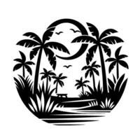 Silhouette of a Tropical Beach Scene Inside a Circle Frame Palm Trees, Seagulls, Bench, and Moon, Black White. vector