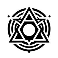 Bold monochrome geometric featuring overlapping shapes like triangles, hexagons, and circles, creating a symmetrical, spiritual emblem on white background. vector