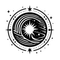 Celestial Emblem Intricate black and white illustration featuring a sunburst, swirling patterns, and a starstudded circle, creating an esoteric . vector