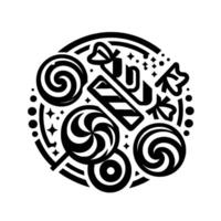 Black and white art of assorted sweets, candy, and lollipops arranged in a circular with geometric details. vector