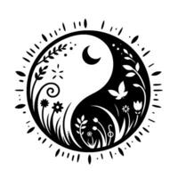Black and white Yin Yang symbol depicting balance through nature, with floral and botanical elements filling each side, adorned with dots and lines around. vector