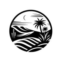Stylized desert landscape scene within an oval frame featuring palm trees, cactus, hills, a crescent moon and horizontal lines. vector