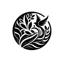 Black and white circular featuring a stylized bird with spread wings amidst lush foliage within a frame. vector