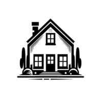 Minimalist monochrome house illustration with symmetrical , chimney, windows, front door, and stylized trees on white background. vector