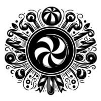 Intricate Black and White Circular Ornament A Swirling Candy Centerpiece Adorned with Stylized Ornaments and Details. vector