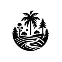 Silhouette landscape within a circle, featuring a palm tree, pine trees, river, and stylized terrain. vector