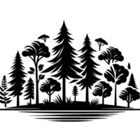 Stylized Black and White Forest Silhouette Diverse Trees and Foliage in Symmetrical Composition with Horizon Line. vector