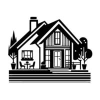 Black and white illustration of a modern farmhouse with a gable roof, porch, potted plants, and a circular background, evoking a sense of simplicity. vector