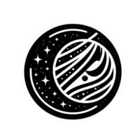 Black and White Celestial Depicting a Planetary Body with Striped Details, Moon, and Starry Background vector