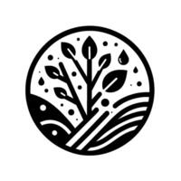 A minimalist, black and white emblem A stylized tree with leaves and water droplets surrounded by a circular field and agricultural . vector