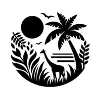 Silhouette of a Giraffe in an African Landscape within a Circle with Palm Trees, Sun, Birds, and Vegetation, Black and White Art vector