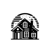 Black and white minimalist illustration of a house with stylized round background of lines and dots, a . vector