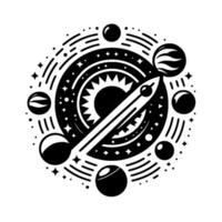Artistic Black and White Illustration of a Solar System, Centered on a Star, with Planets and Celestial Elements. vector