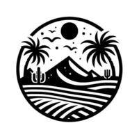 Black and white desert landscape within a circle with palm trees, mountains, a sun, birds, and cactuses in a stylized and minimalist . vector
