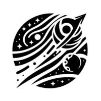 Monochrome Cosmos A stylized circular emblem featuring a rocket blasting through stylized planets, stars, and cosmic swirls. vector