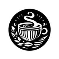 Black and white stylized coffee cup , circular with steam rising, surrounded by leaves and beans. vector