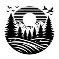 Stylized Black and White Nature Scene within a Circular Frame, Featuring Pine Trees, Mountain Range, Sunset, and Birds in Flight. vector