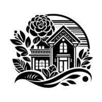 Black White Illustration of a House Surrounded by Floral Elements and Decorative Foliage in a Circle. vector