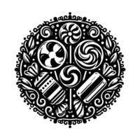 Intricate Black and White Circular with Candies, Lollipops, and Decorative Floral Elements, Evoking a Playful, Nostalgic Sweetness. vector
