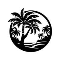 Monochromatic circular scene featuring several palm trees, creating a stylized tropical island aesthetic within a round frame. vector